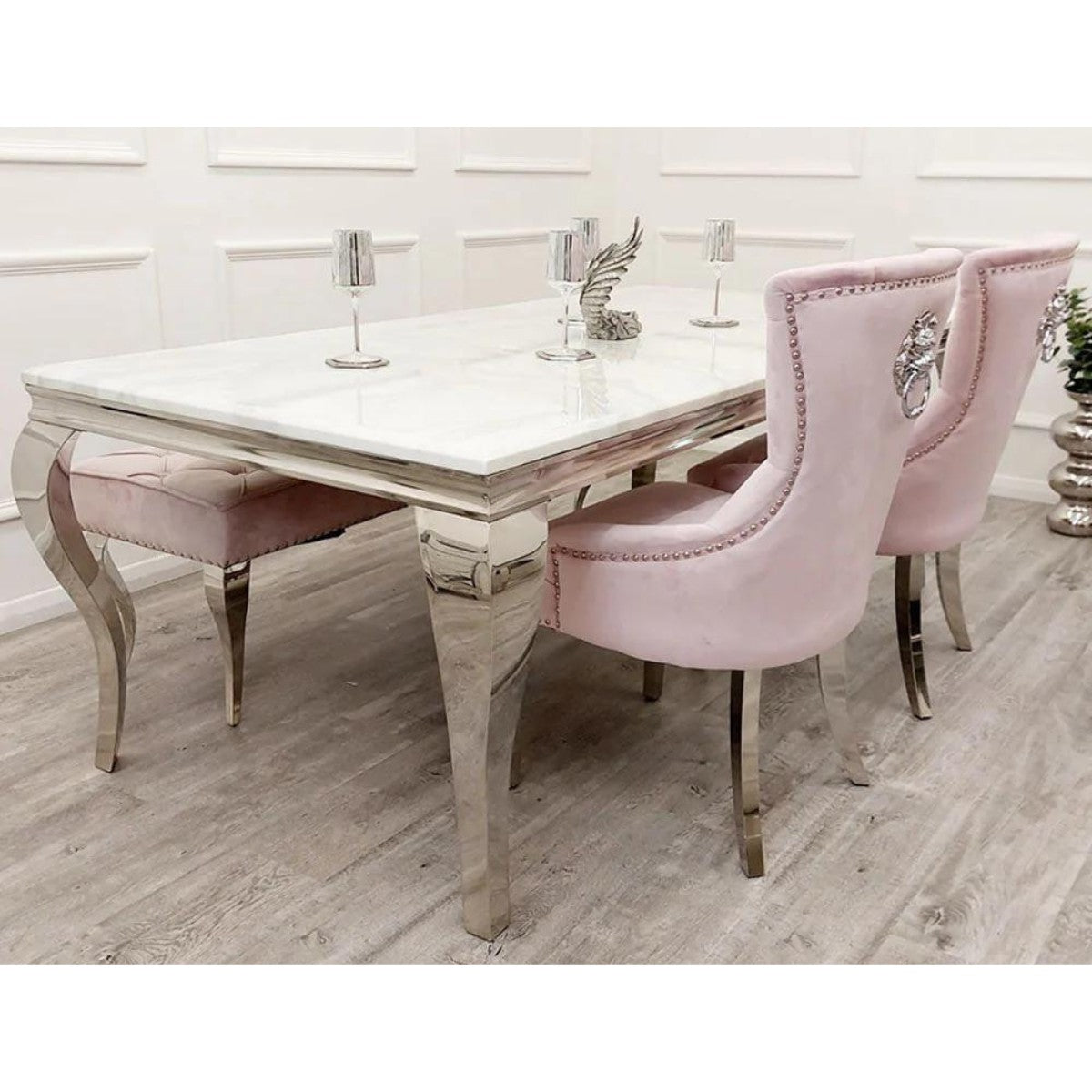 Louis Marble Dining Table with 4 Megan Velvet Chairs - Pink, Cream, Grey - Furniture Network