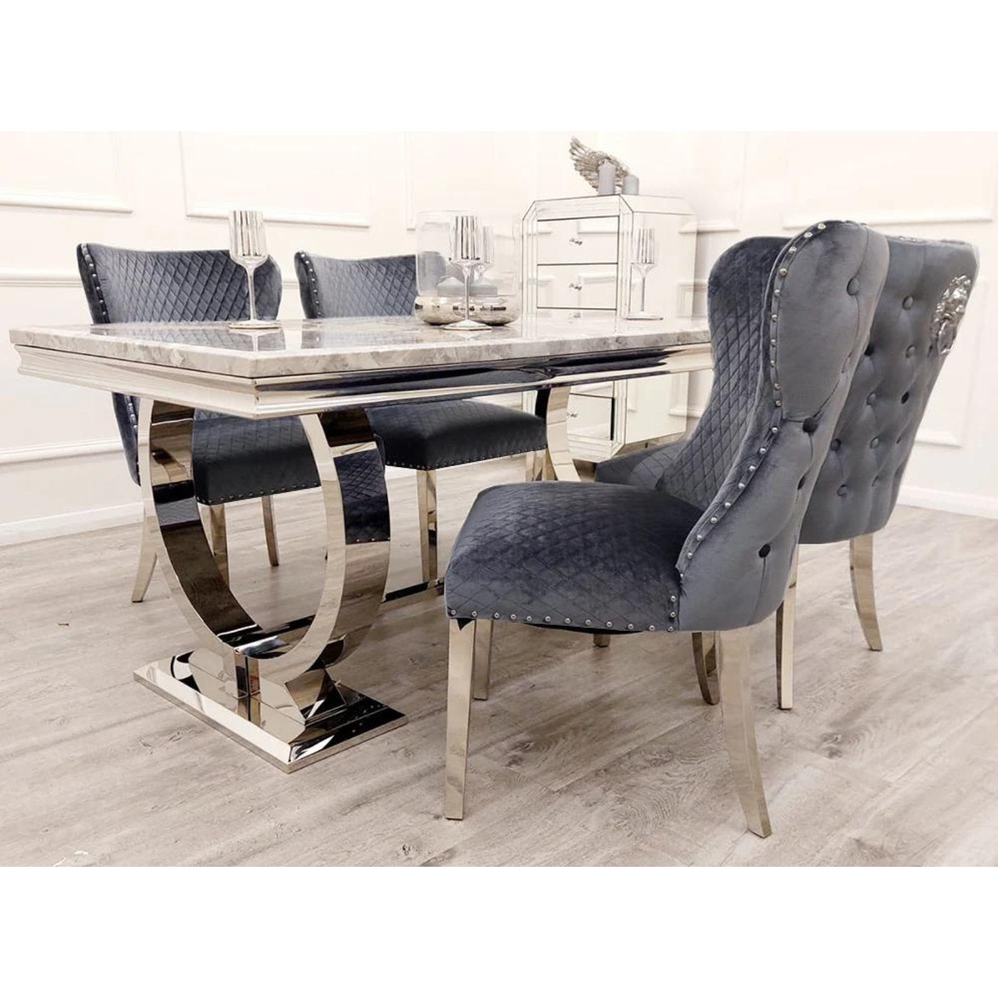 Arriana Marble Dining Table with 4 Velvet Chelsea Lion Knocker Chairs - Furniture Network