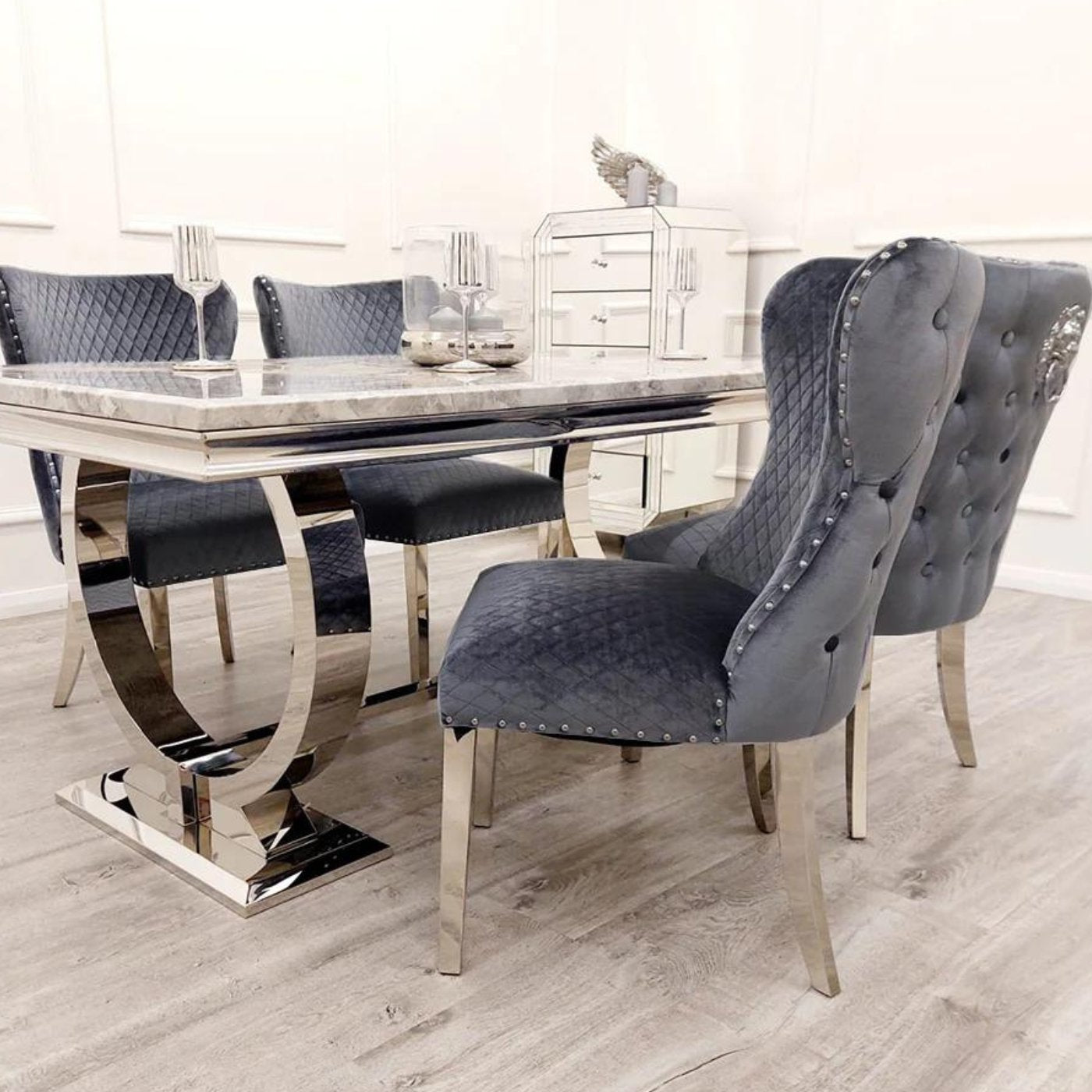 Arriana Marble Dining Table with 4 Velvet Chelsea Lion Knocker Chairs - Furniture Network