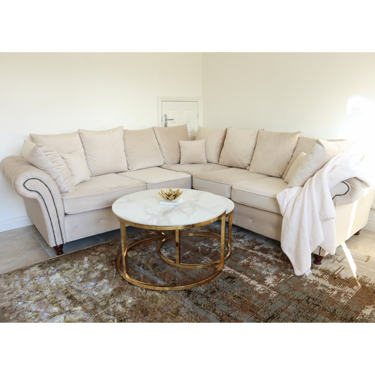 Oakland Scatter Back Velvet Corner Sofa in Beige or Grey Velvet - Furniture Network