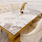 Louis Gold Marble Dining Table with 4 Bentley Lion Knocker Velvet Chairs - Furniture Network