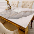 Louis Gold Marble Dining Table with 4 Bentley Lion Knocker Velvet Chairs - Furniture Network