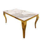 Louis Gold Marble Dining Table with 4 Bentley Lion Knocker Velvet Chairs - Furniture Network