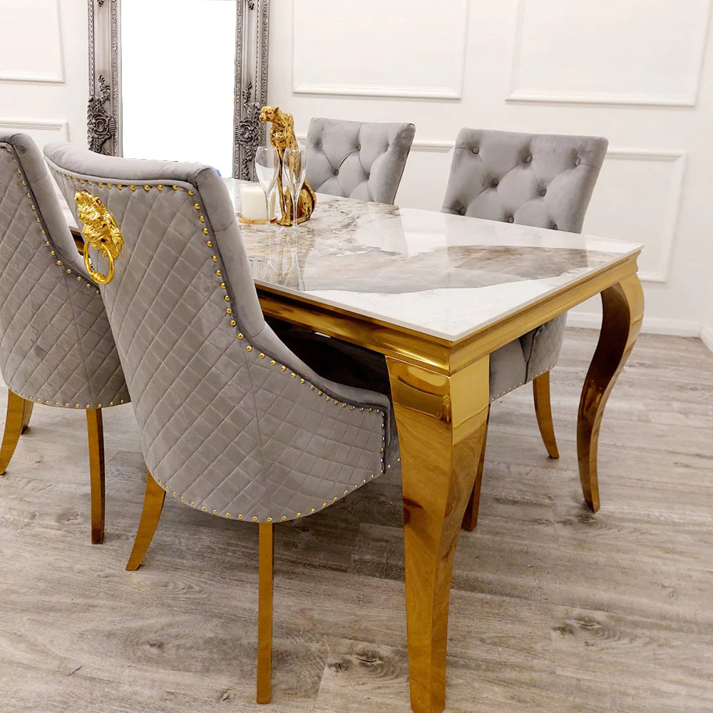 Louis Gold Marble Dining Table with 4 Bentley Lion Knocker Velvet Chairs - Furniture Network