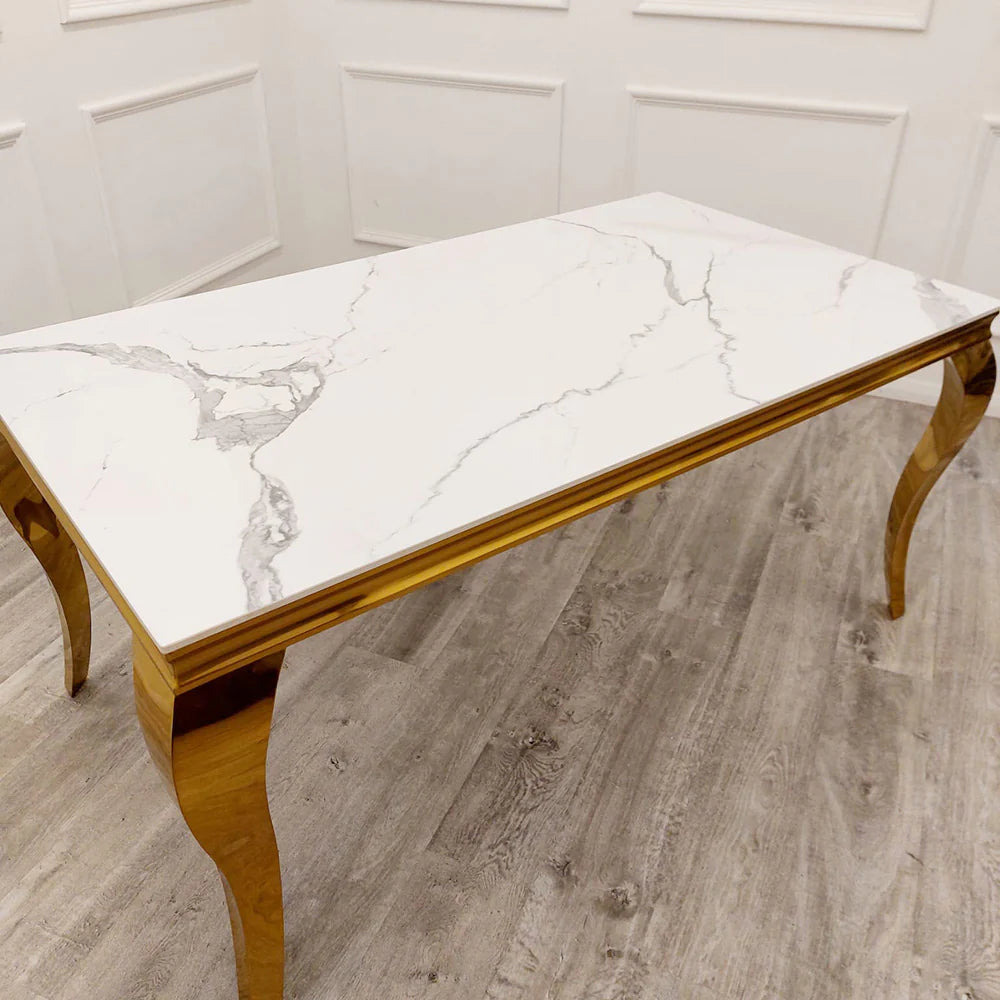 Louis Gold Marble Dining Table with 4 Bentley Lion Knocker Velvet Chairs - Furniture Network