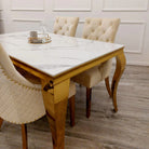 Louis Gold Marble Dining Table with 4 Bentley Lion Knocker Velvet Chairs - Furniture Network