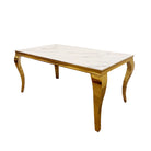 Louis Gold Marble Dining Table with 4 Bentley Lion Knocker Velvet Chairs - Furniture Network