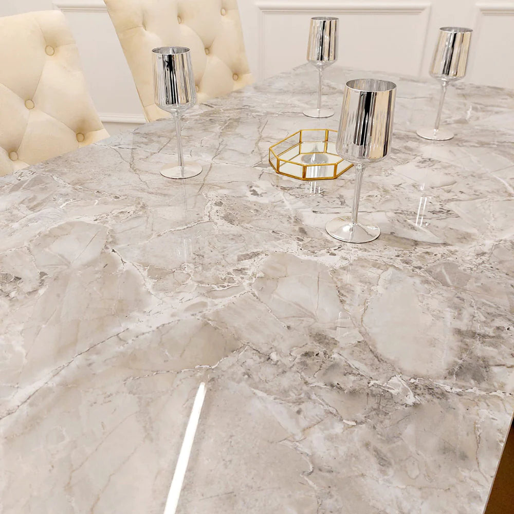 Louis Gold Marble Dining Table with 4 Bentley Lion Knocker Velvet Chairs - Furniture Network