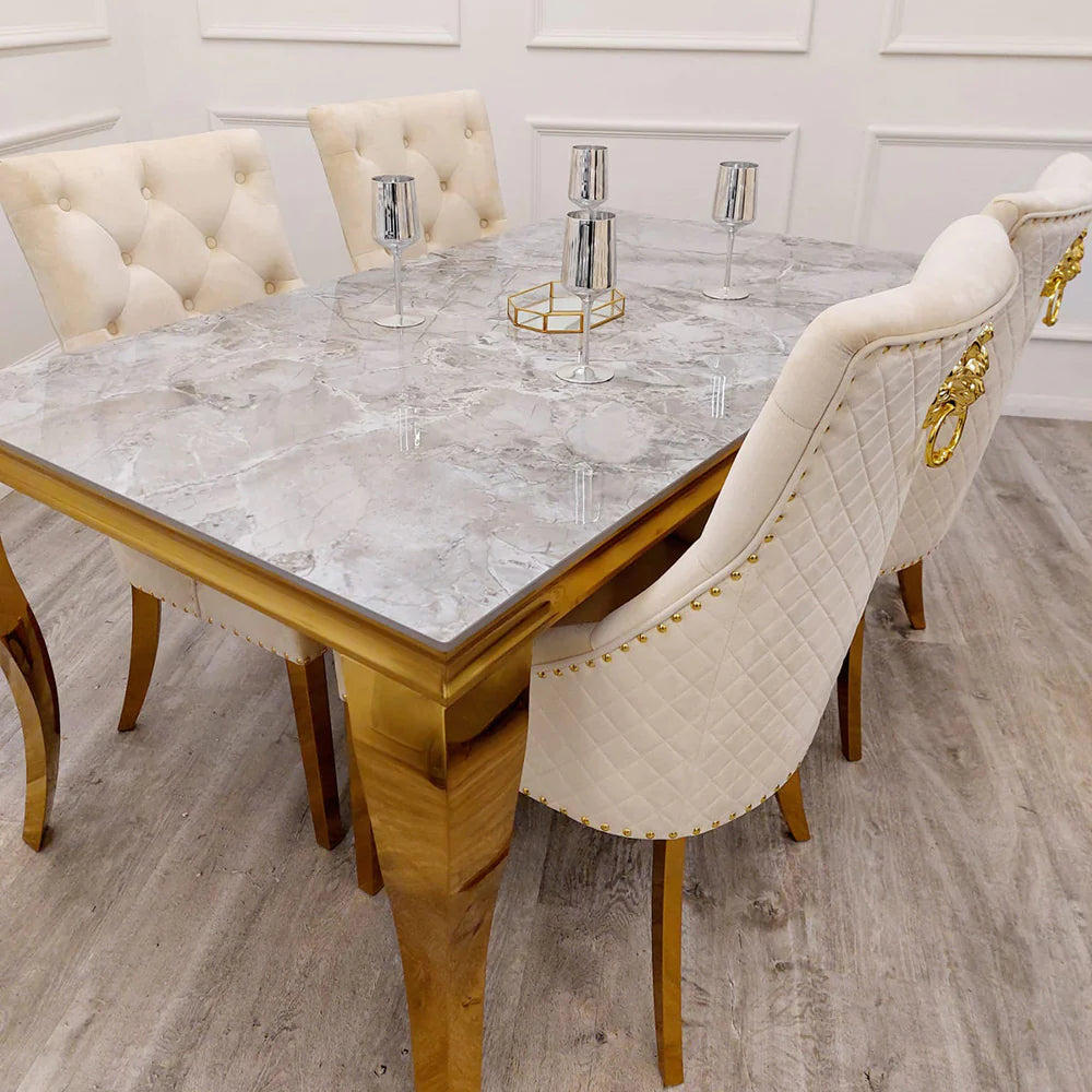 Louis Gold Marble Dining Table with 4 Bentley Lion Knocker Velvet Chairs - Furniture Network