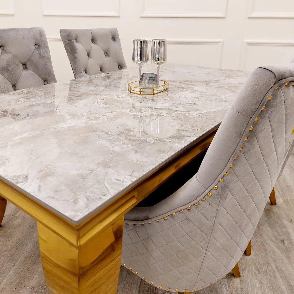 Louis Gold Marble Dining Table with 4 Bentley Lion Knocker Velvet Chairs - Furniture Network