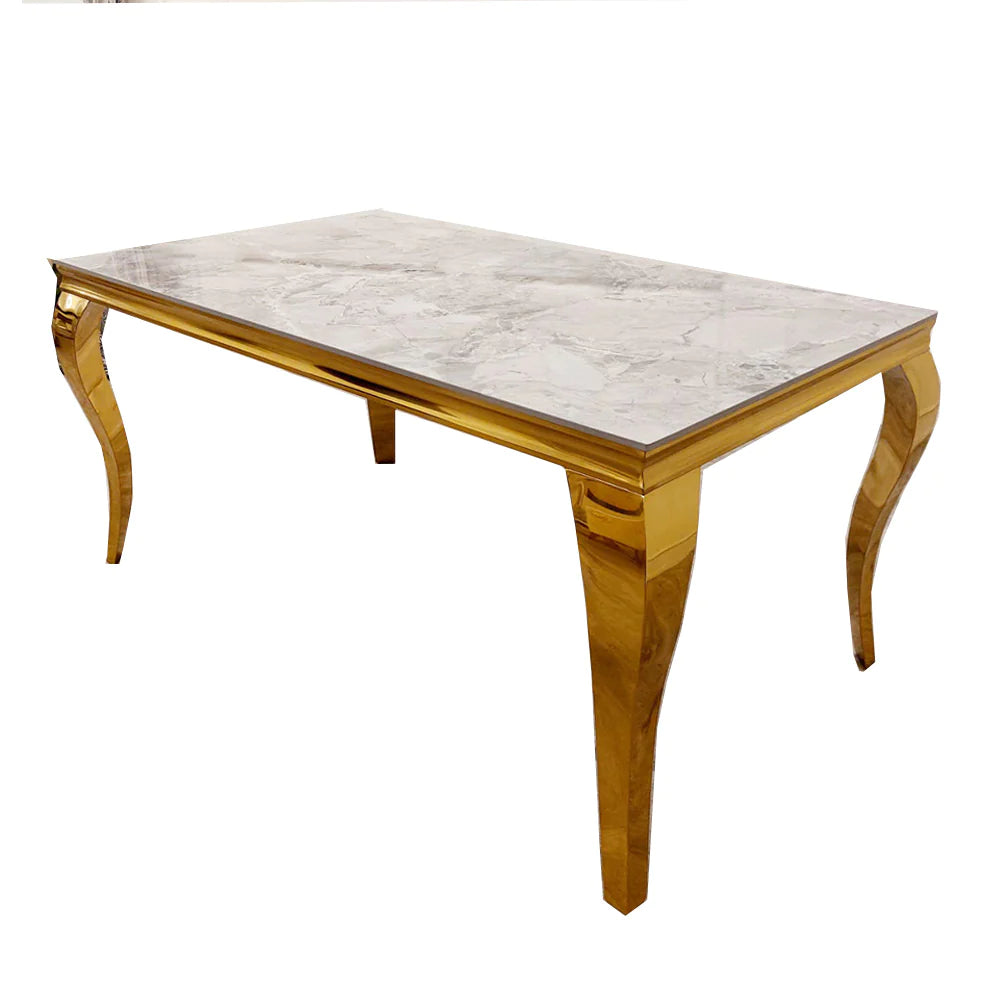 Louis Gold Marble Dining Table with 4 Bentley Lion Knocker Velvet Chairs - Furniture Network