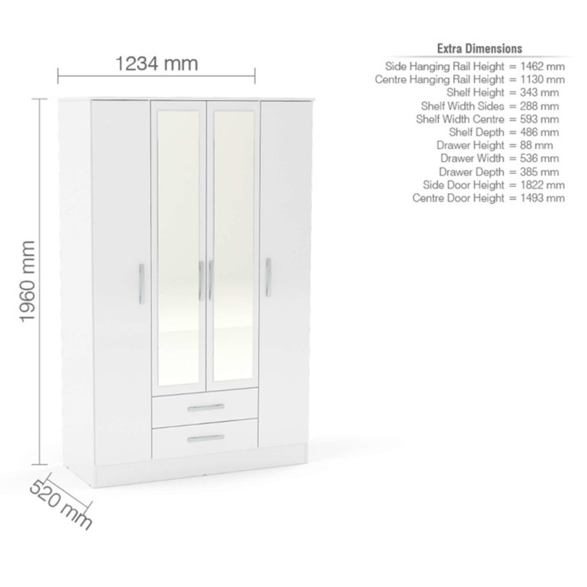 Lynx 4 Door Mirrored Wardrobe in White - Furniture Network