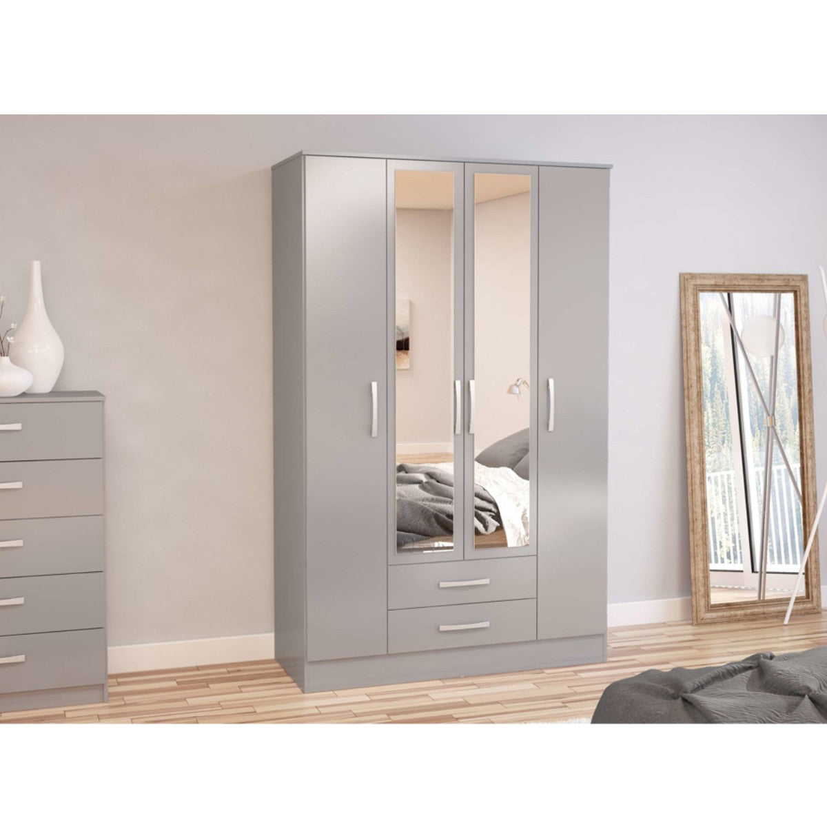 Lynx 4 Door Mirrored Wardrobe in Grey - Furniture Network