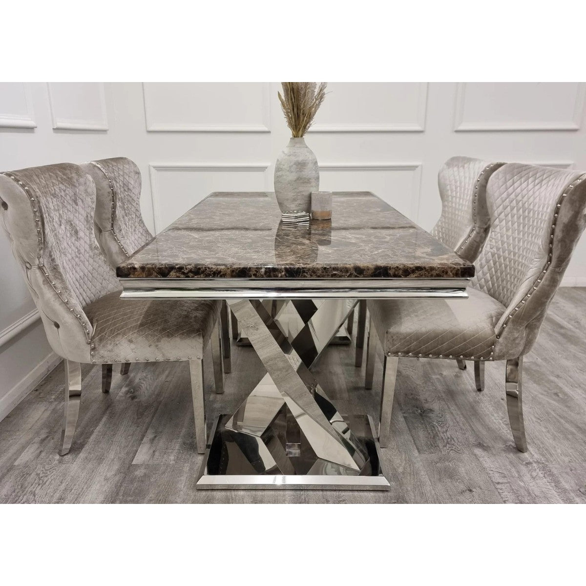 Xavia Marble Dining Table Set with 4 Velvet Chelsea Chairs - Furniture Network