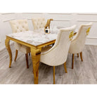 Louis Gold Marble Dining Table with 4 Bentley Lion Knocker Velvet Chairs - Furniture Network