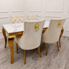 Louis Gold Marble Dining Table with 4 Bentley Lion Knocker Velvet Chairs - Furniture Network