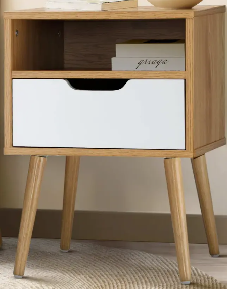 Bedside Table with 1 Drawer Oak Legs Side Table with Storage Oak Effect & White - Furniture Network