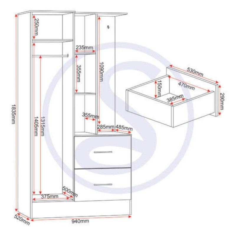 Nevada 1 Door Open Shelf Mirrored Wardrobe - Furniture Network