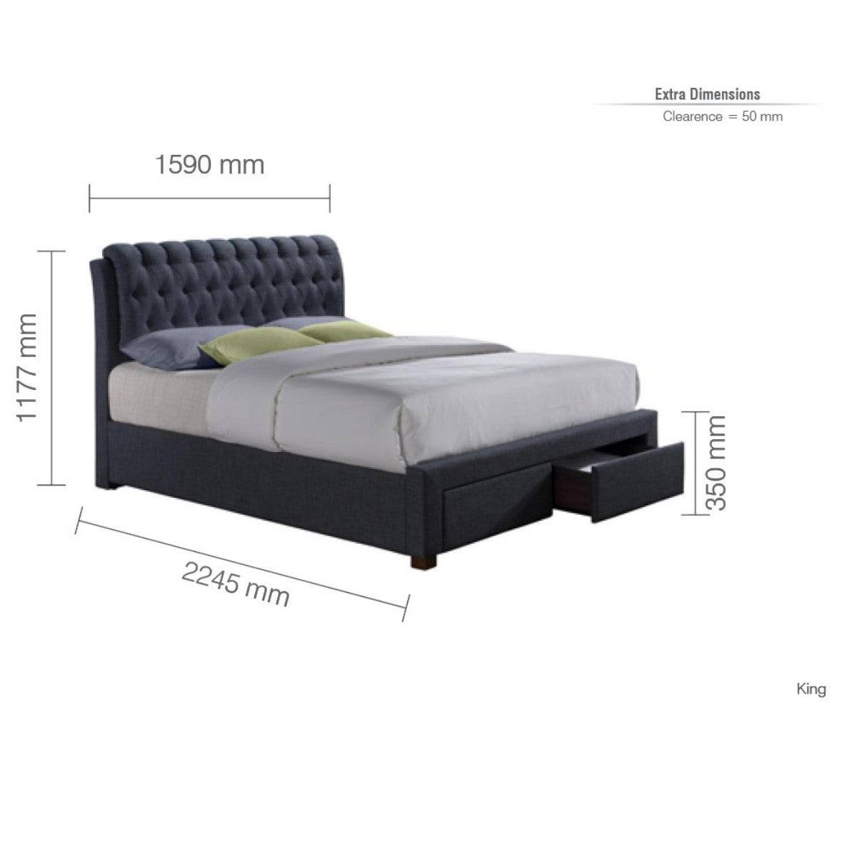 Valentino 2 Drawer Grey Fabric Bed - Double, King - Furniture Network