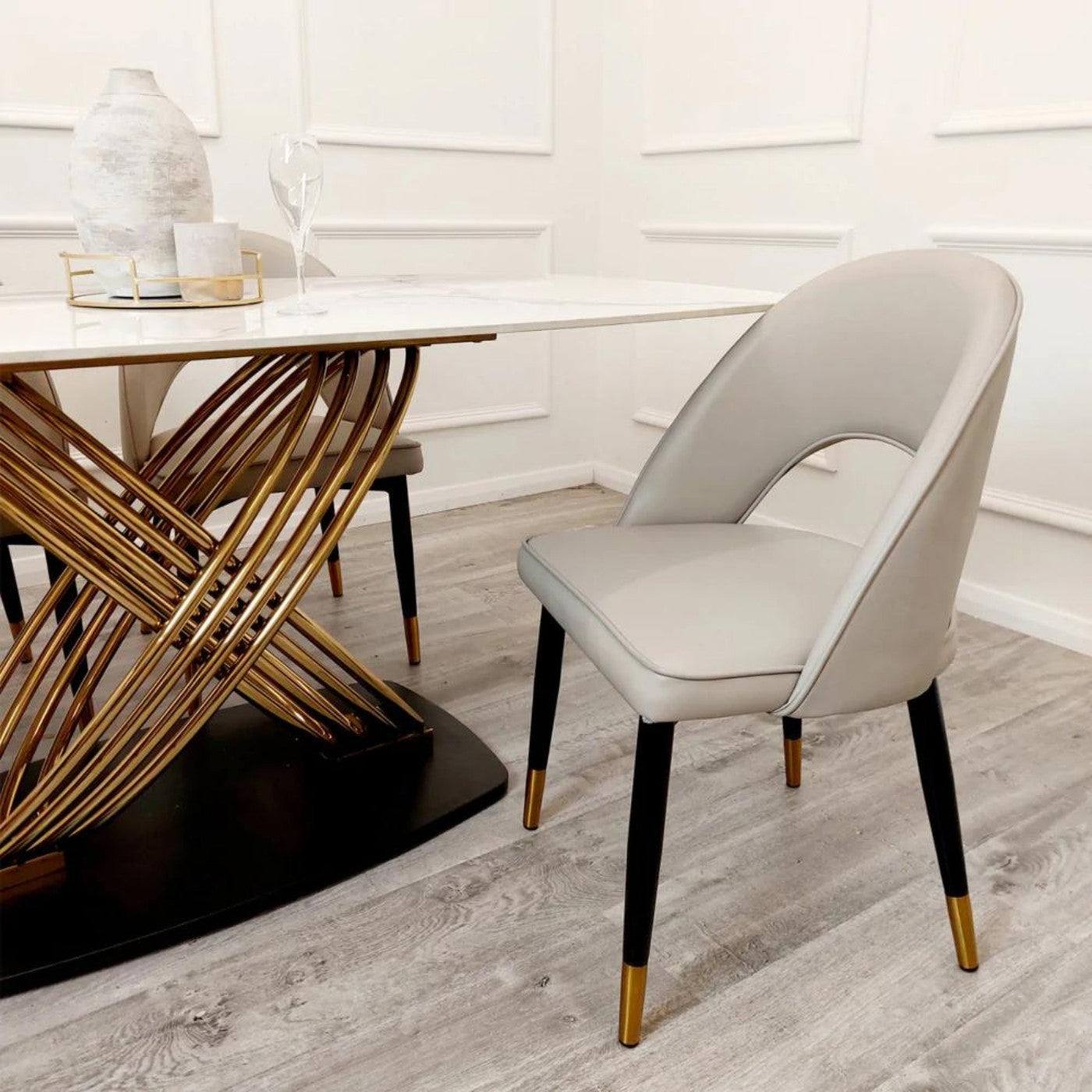 Astra Open Back Beige Leather Dining Chair with Black & Gold Feet - Furniture Network