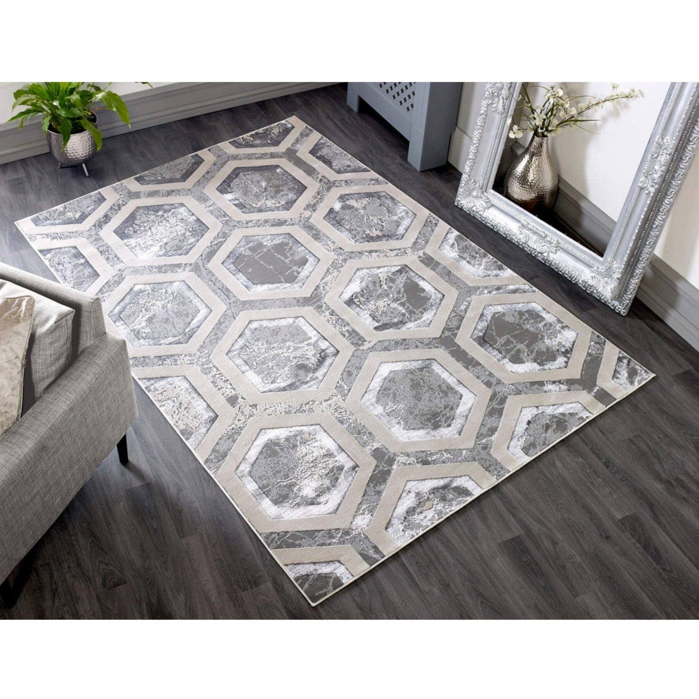 Aurora Crystal Metallic Silver Rug - Abstract & Geometric - Furniture Network