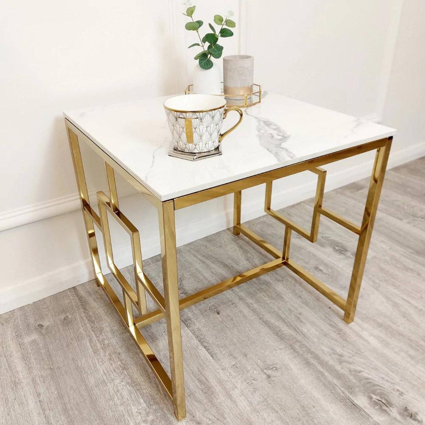 Geo Gold Lamp Table with Polar White Sintered Top - Furniture Network