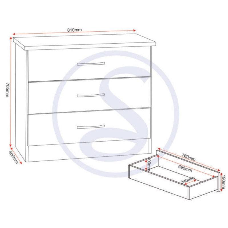 Nevada 3 Drawer Chest (Nightstand / Bedside) - Furniture Network