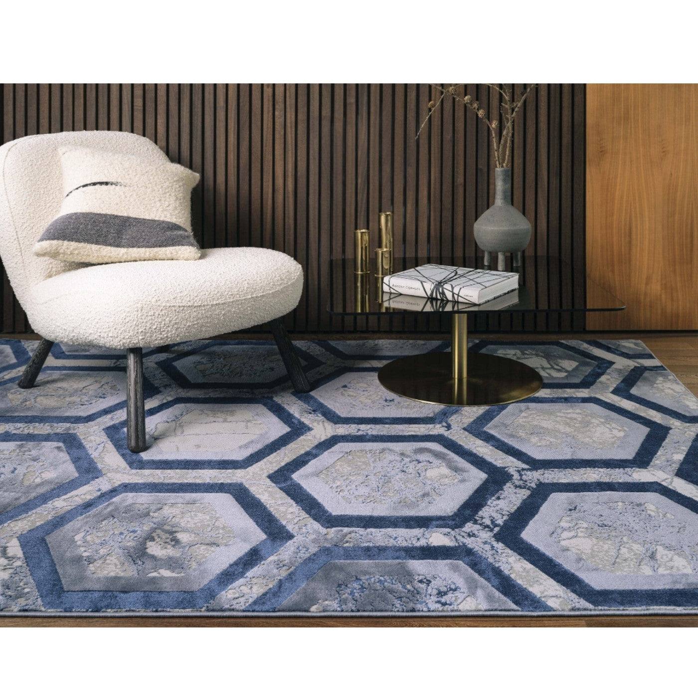 Aurora Hexagon Blue & Grey Rug - Abstract & Geometric - Furniture Network