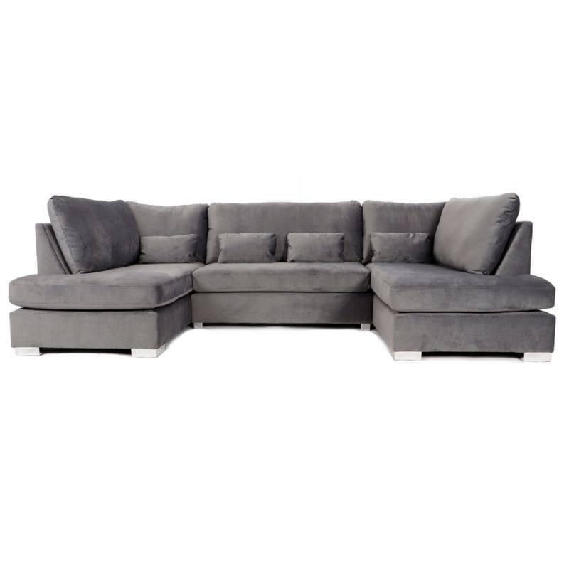 London U-Shape Sofa in Grey Velvet - Furniture Network