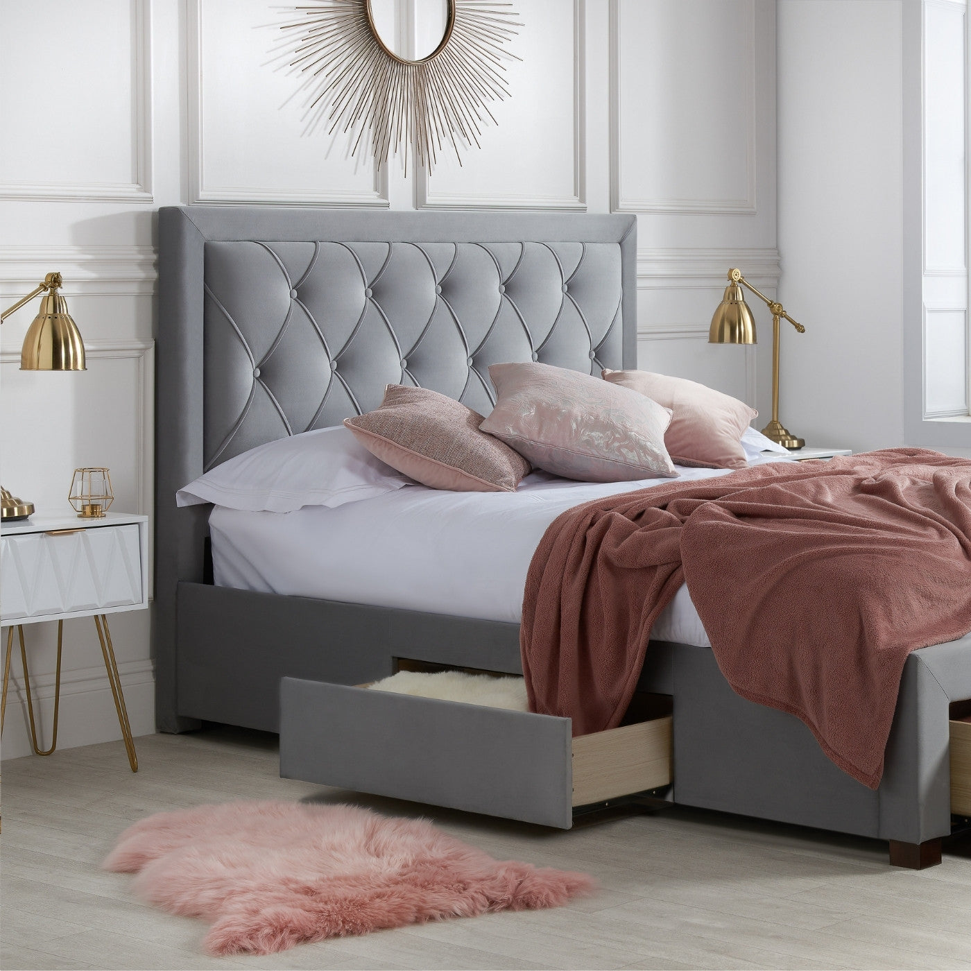 Woodbury Grey Velvet Fabric Storage Bed - Double, King, Super King - Furniture Network