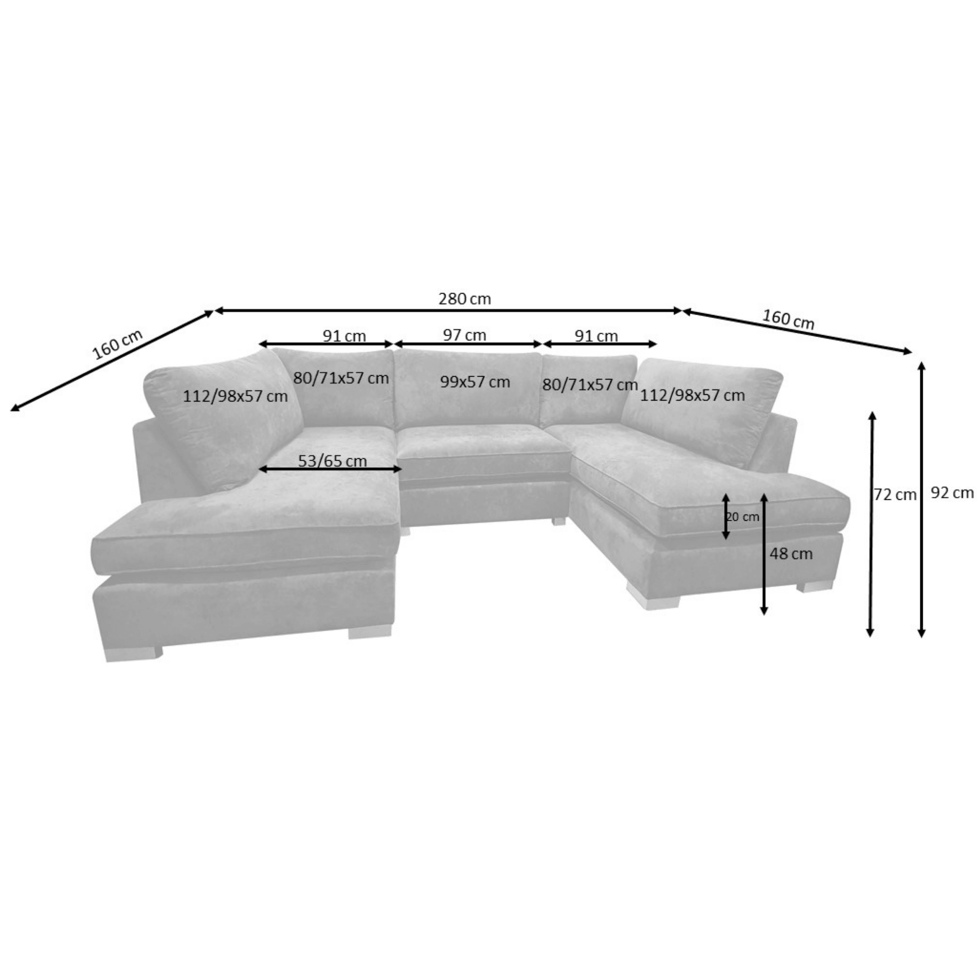 Carnaby Large U-Shaped Corner Sofa, Full Back Grey - Furniture Network