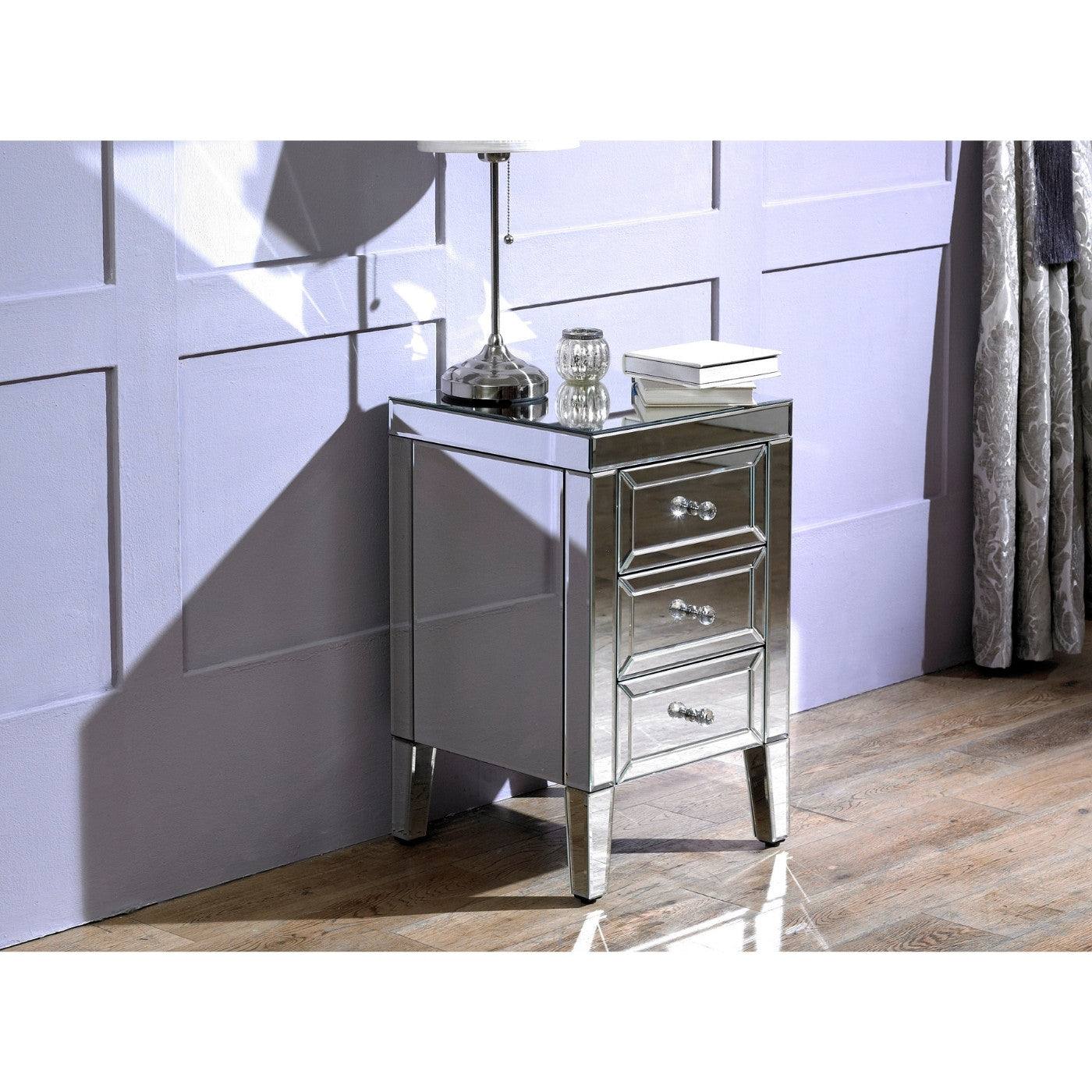 Valencia 3 Drawer Mirrored Glass Bedside - Furniture Network