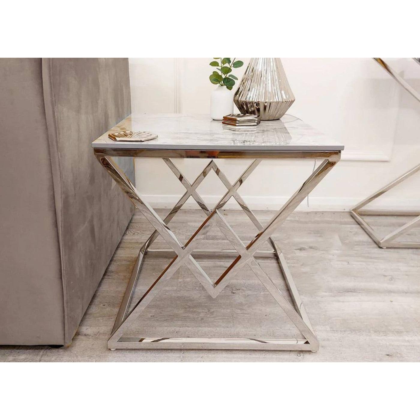 Vesta Chrome Lamp Table with Stomach Ash Sintered Stone Top - Furniture Network