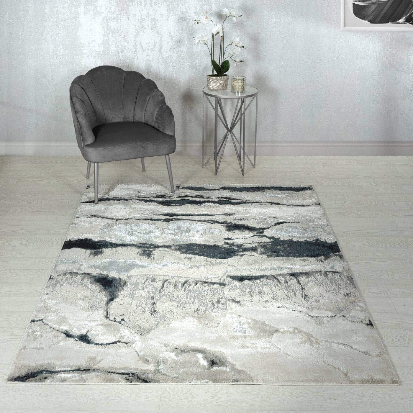 Aurora Quartz Metallic Abstract Rug in Silver & Grey - Furniture Network