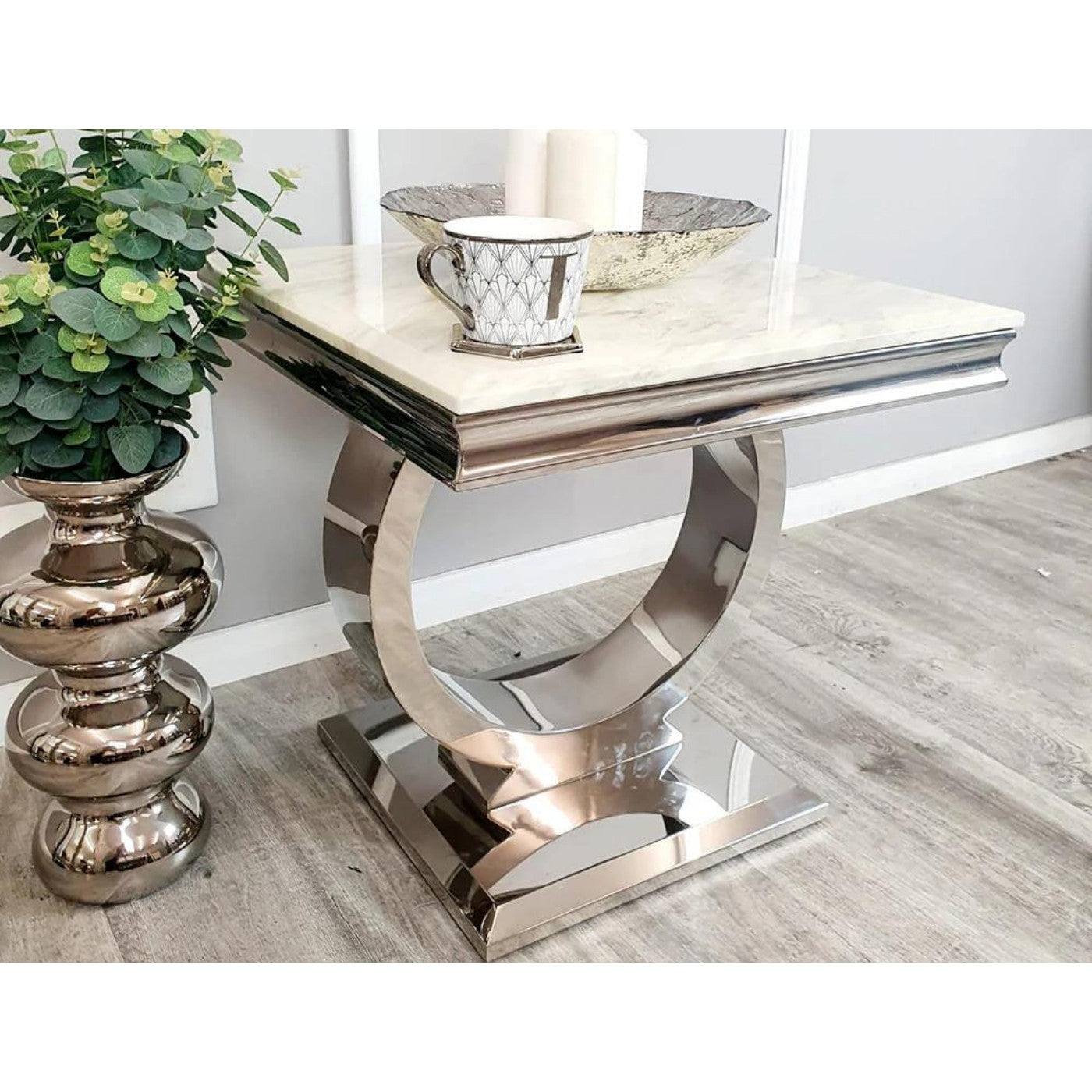 Arriana Marble or Glass Lamp Table with Round Stainless Steel Base - Furniture Network