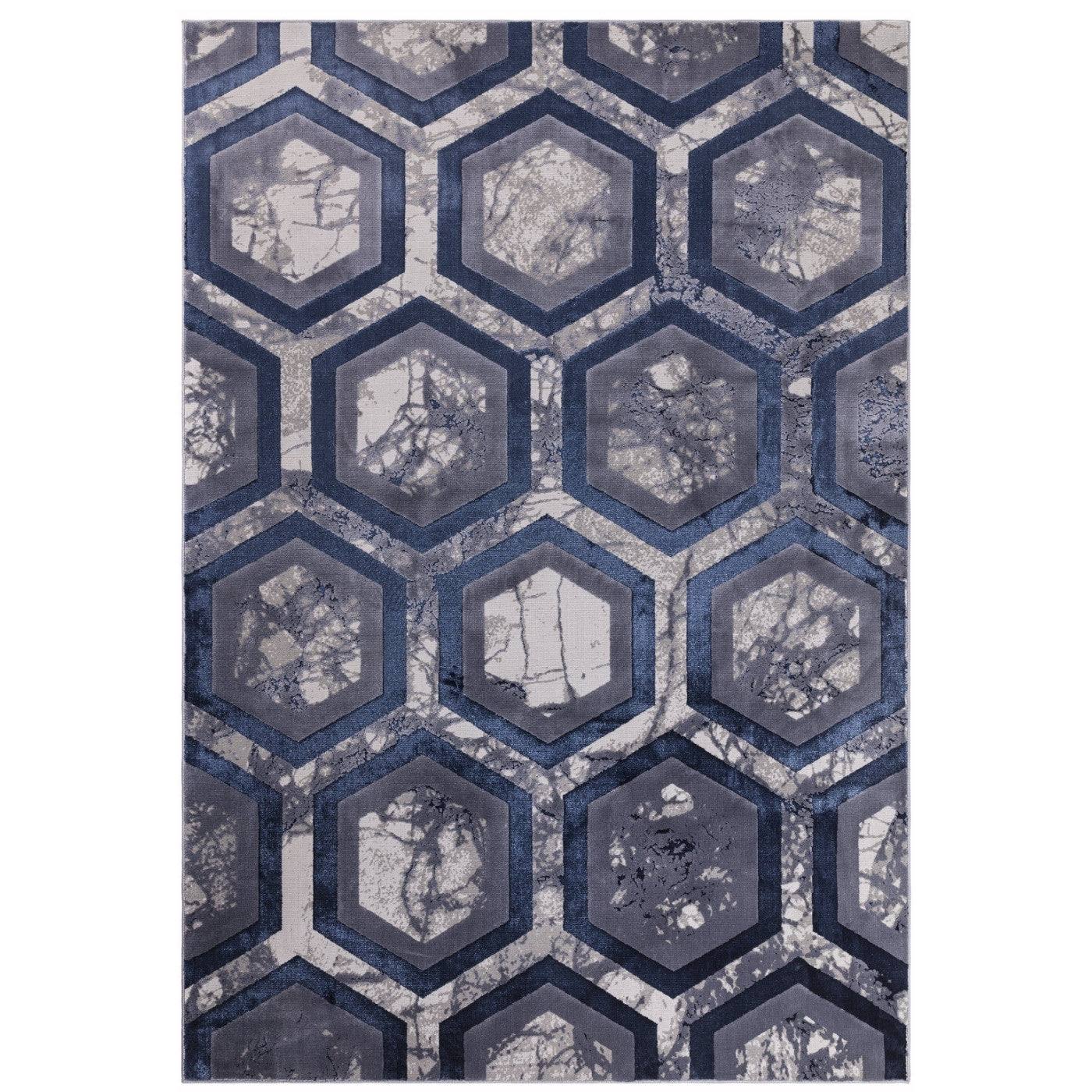 Aurora Hexagon Blue & Grey Rug - Abstract & Geometric - Furniture Network