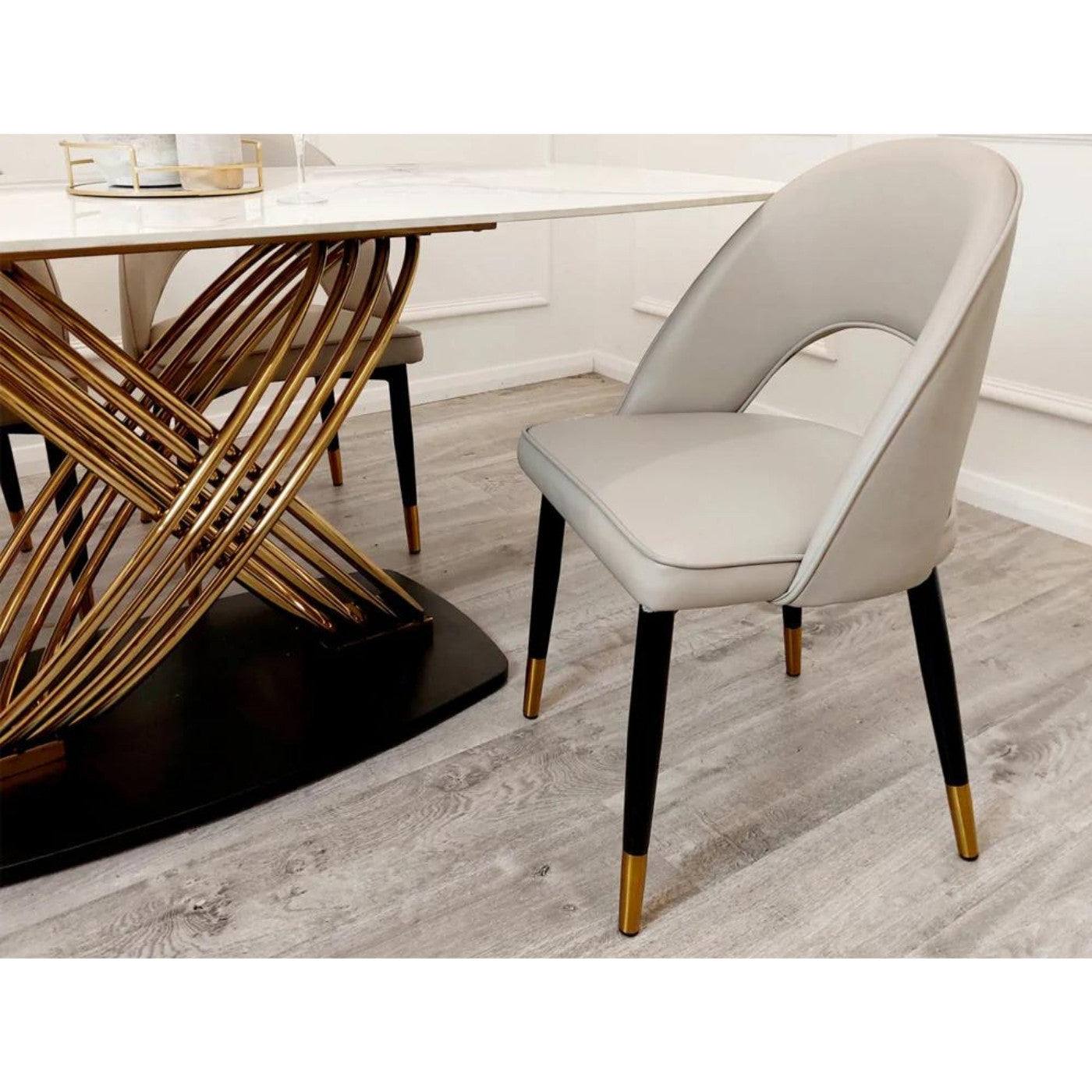 Astra Open Back Beige Leather Dining Chair with Black & Gold Feet - Furniture Network