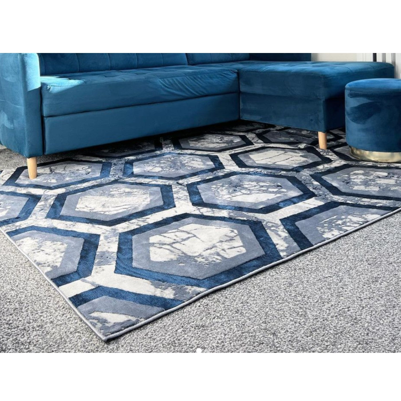 Aurora Hexagon Blue & Grey Rug - Abstract & Geometric - Furniture Network