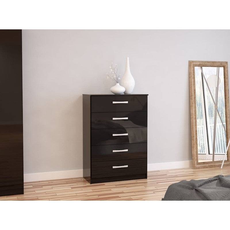 High-Gloss Lynx 5 Drawer Chest in Grey, Black, White, Brown, Silver - Furniture Network