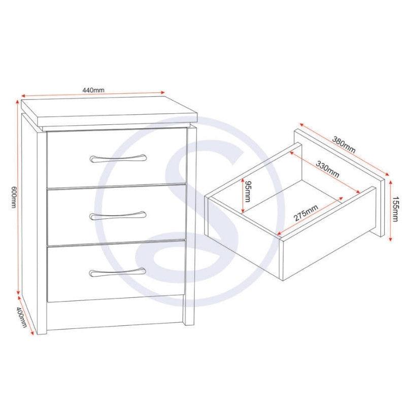 Charles 3 Drawer Bedside Chest - Furniture Network