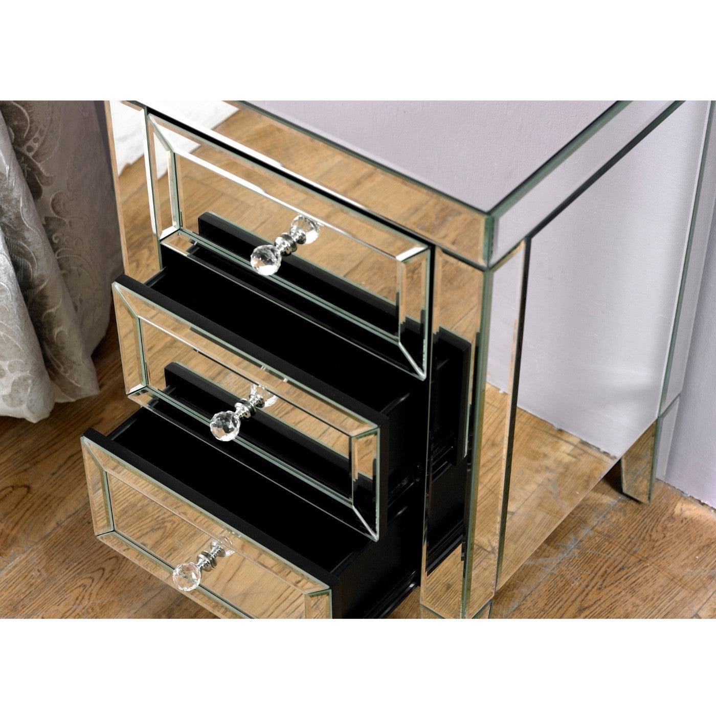 Valencia 3 Drawer Mirrored Glass Bedside - Furniture Network