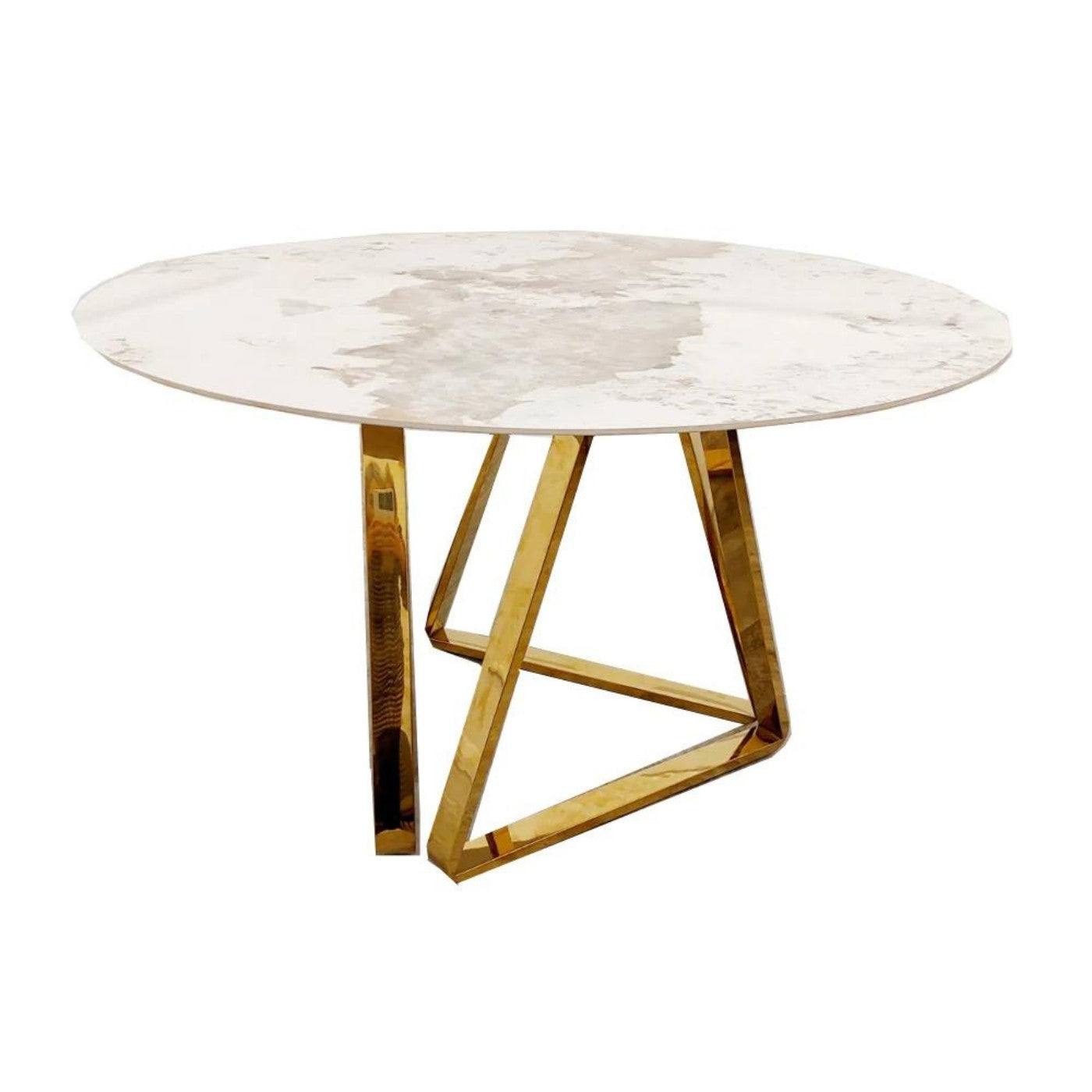 Nero Gold Base Round Dining Table with Sintered White Stone Top - Furniture Network