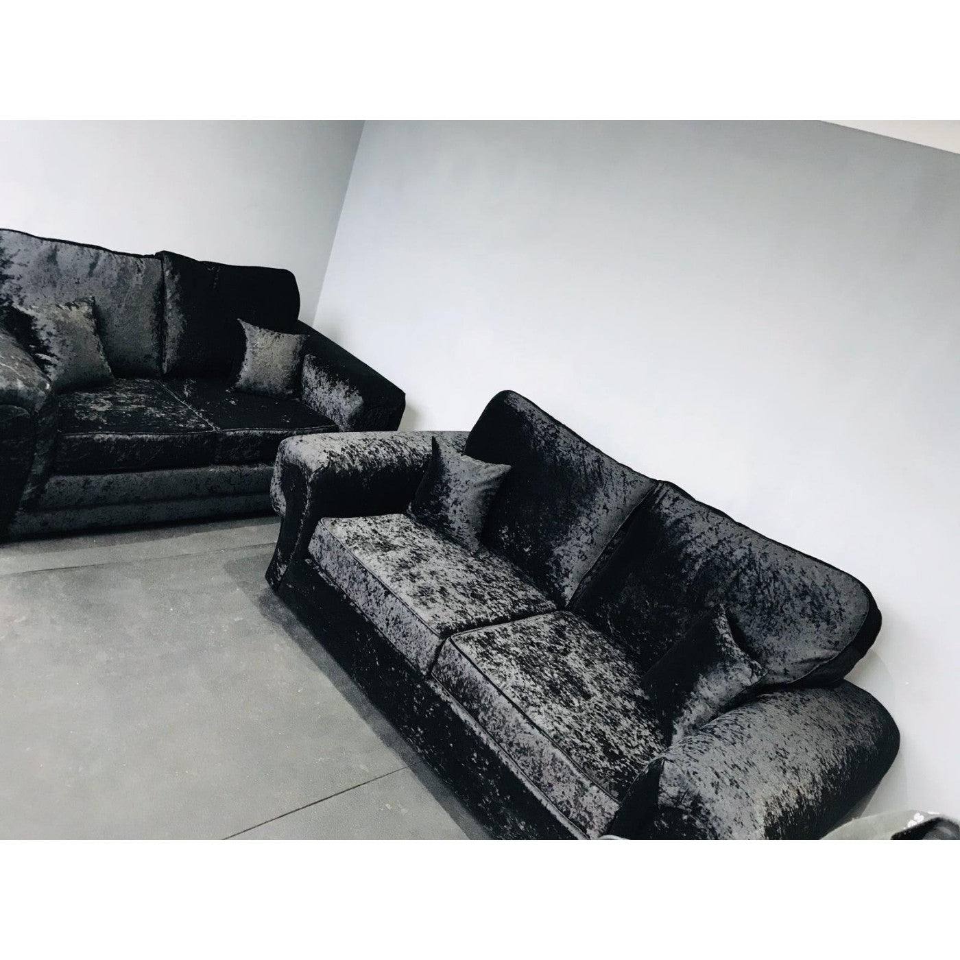 Tangent 3+2 Sofa Set in Black or Silver Crushed Velvet - Furniture Network