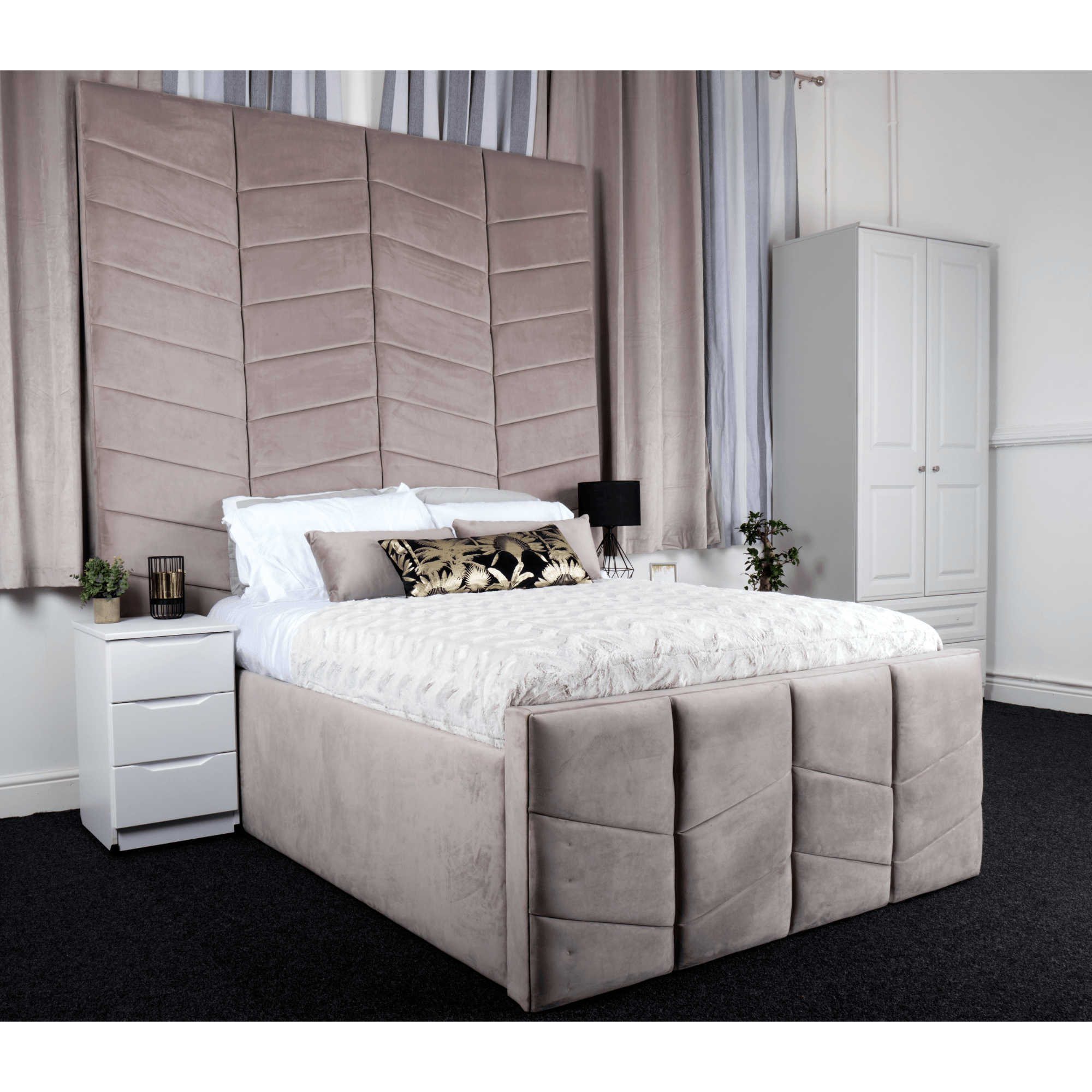 Naples Bed - Velvet Fabric Ottoman Bed Frame with Tall Headboard - Furniture Network