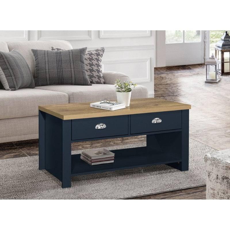 Highgate 2 Drawer Coffee Table - Navy, Cream, Grey - Furniture Network