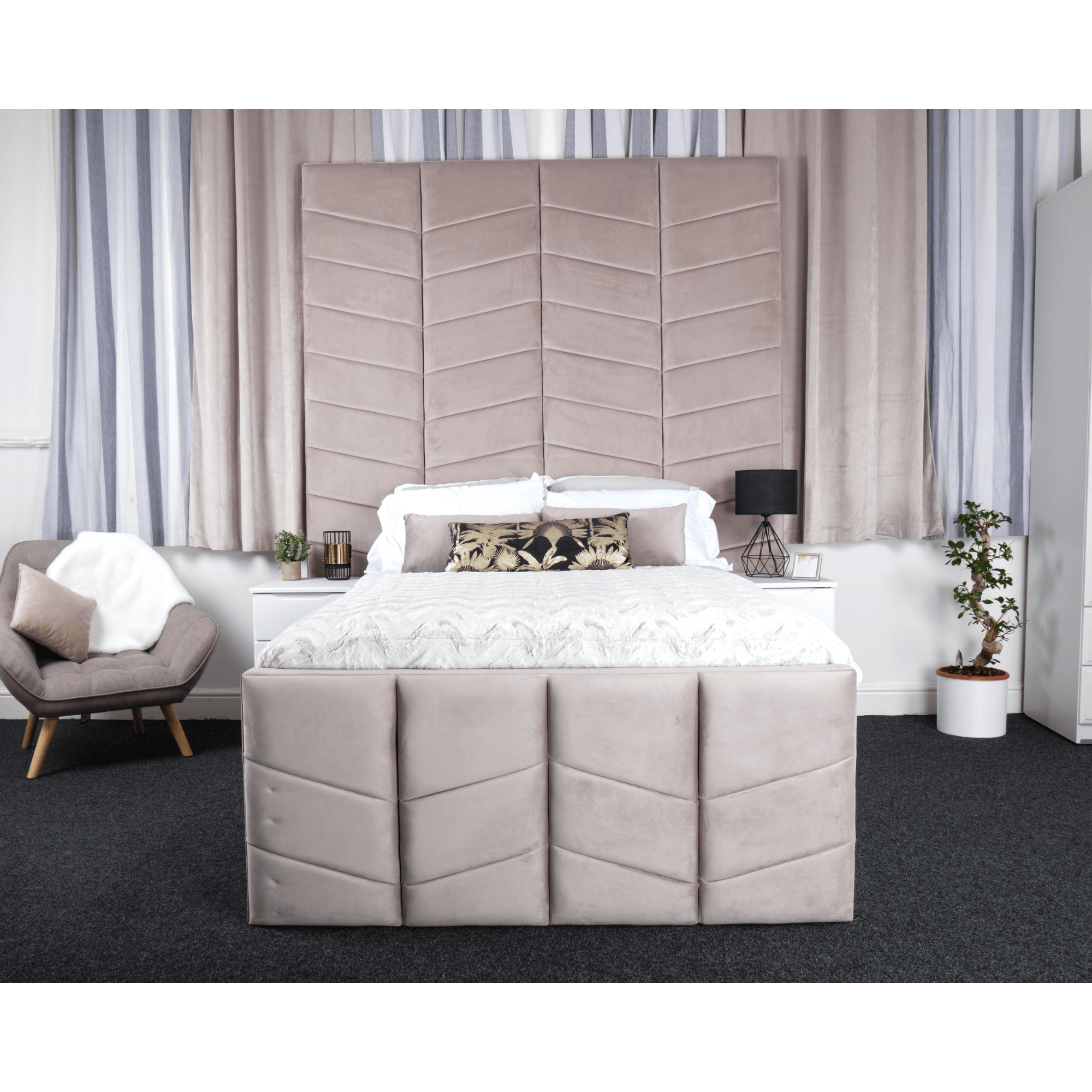 Naples Bed - Velvet Fabric Ottoman Bed Frame with Tall Headboard - Furniture Network