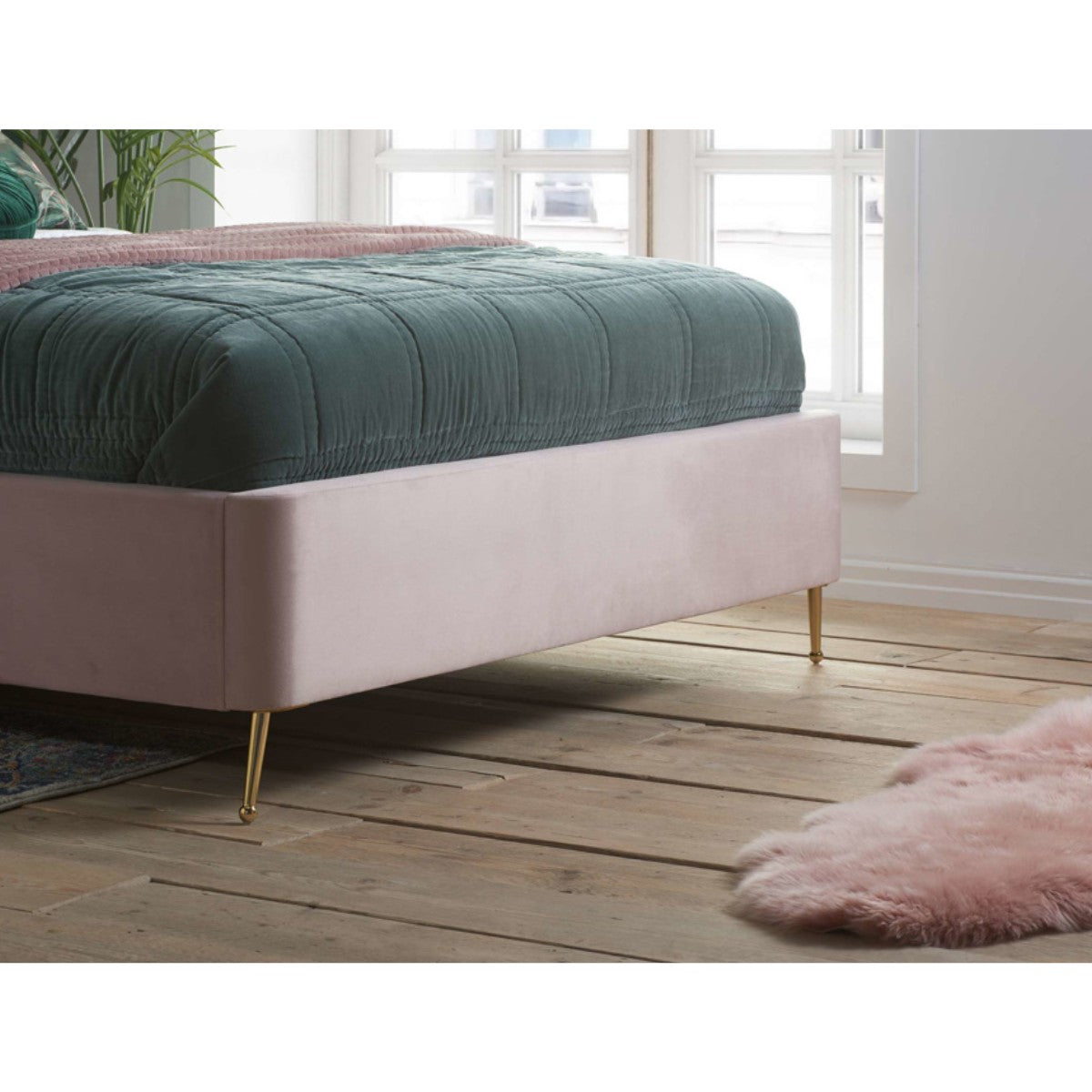 Lottie Pink Velvet Fabric Ottoman Storage Bed - Double, King - Furniture Network