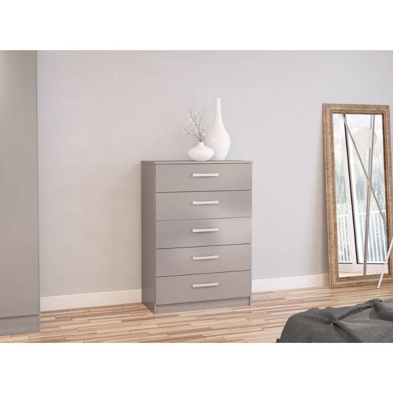 High-Gloss Lynx 5 Drawer Chest in Grey, Black, White, Brown, Silver - Furniture Network