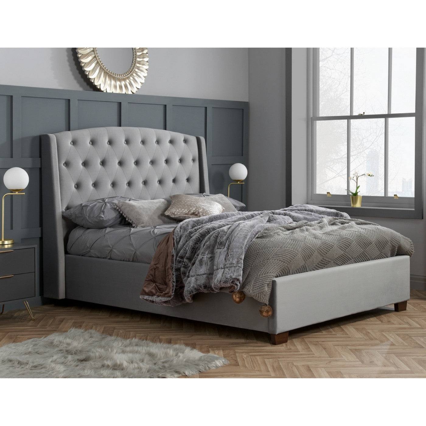 Balmoral Bed in Grey Velvet Fabric - Double, King, Super King - Furniture Network