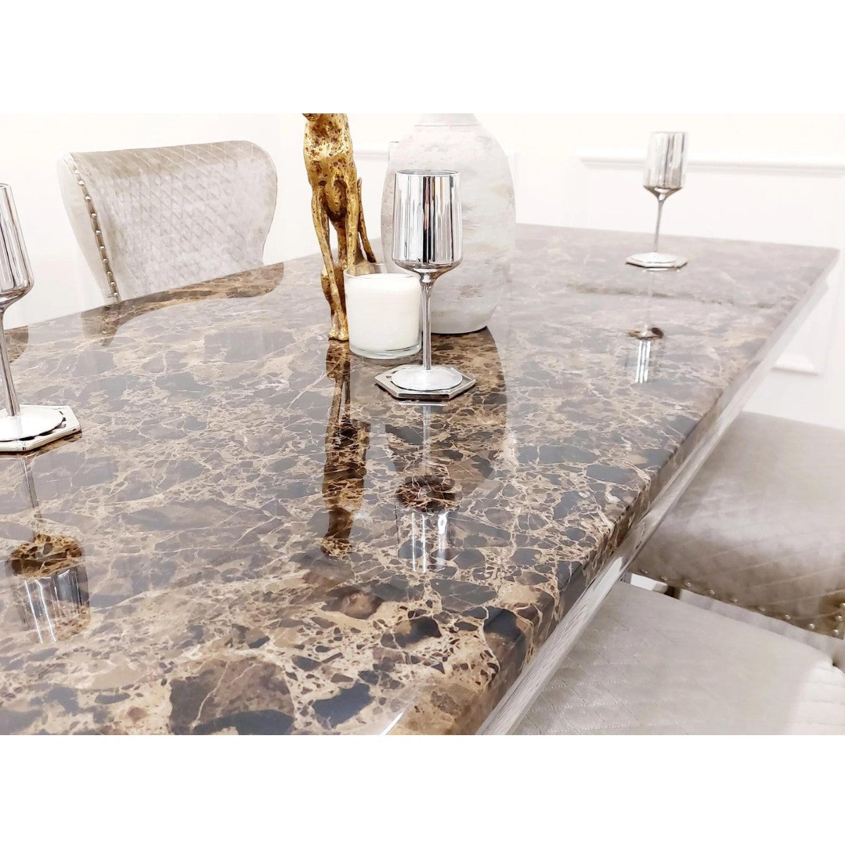 Xavia Marble Dining Table Set with 4 Velvet Chelsea Chairs - Furniture Network